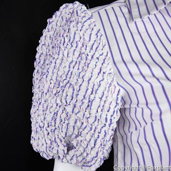 NWOT Petersyn smocked puff short sleeve button front top,‎ white with stripes - Picture 8 of 15